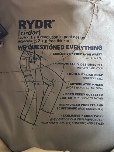 Kuhl Rydr Hiking Work Pants Men's 35x32 (Actual 34x32) Dark Khaki 5016 Full Fit - Picture 6 of 9