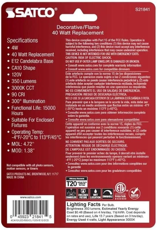 Filament Led Bulb CA10 E12 40W Soft White 2-PK - SATCO S21841 - Image 3 of 4