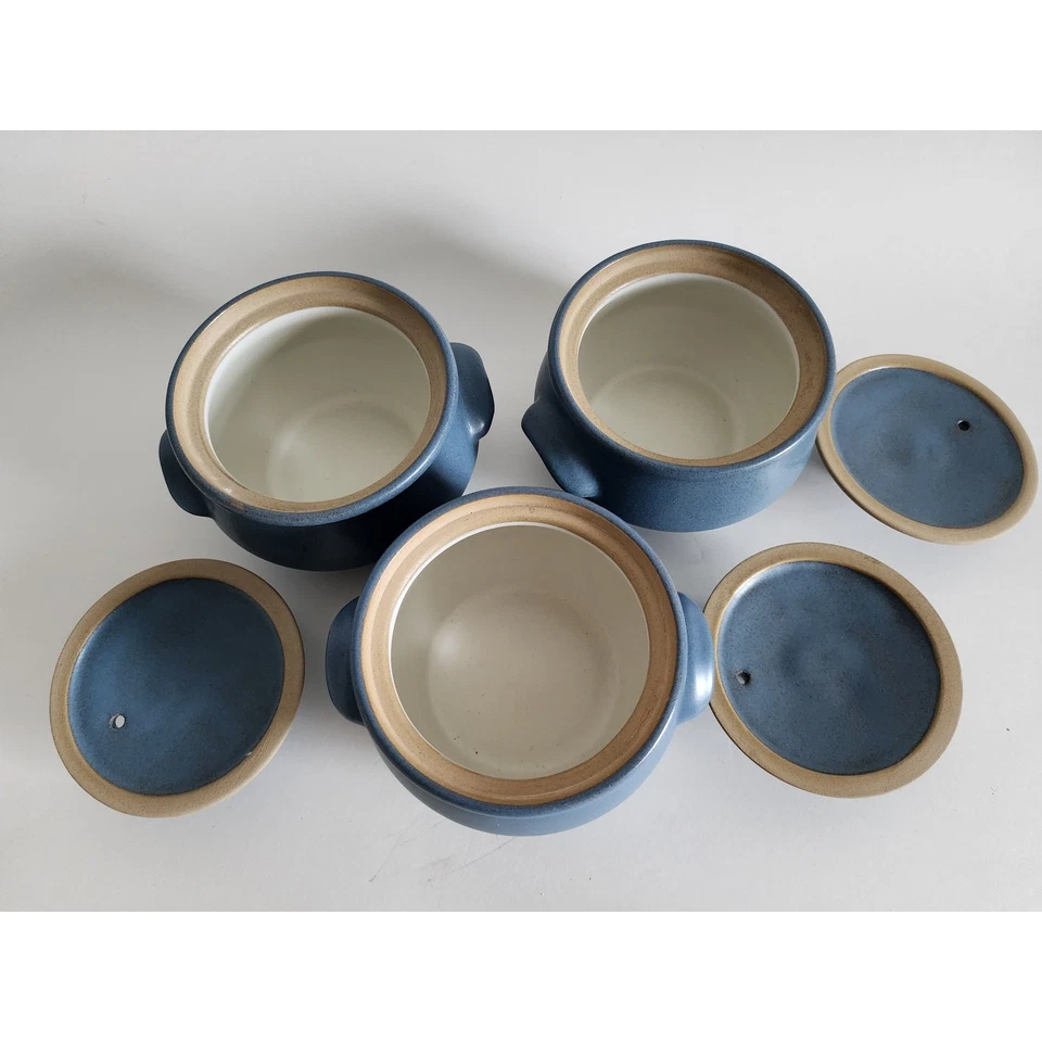 Tigelas de sopa vintage Denby azul com tampa conjunto de 3 1/2 pt grés feitas na Inglaterra - Imagem 4 de 4