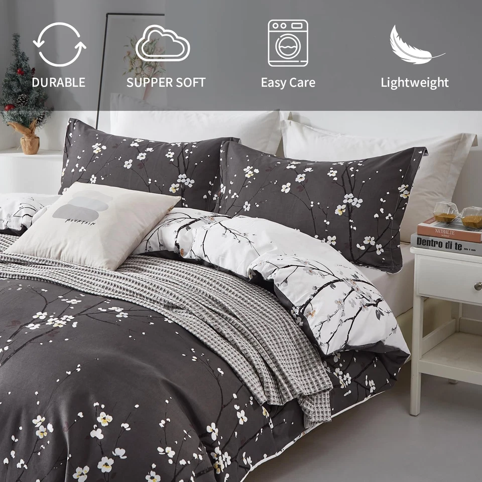 Juego de Funda Nórdica Floral Queen, Gris Oscuro 3 Piezas Flor Ciruela Estampado... Foto 4 de 4