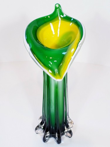 Art Glass Tulip Vase Jack In The Pulpit 11 1/2" White Green Yellow - Picture 2 of 11
