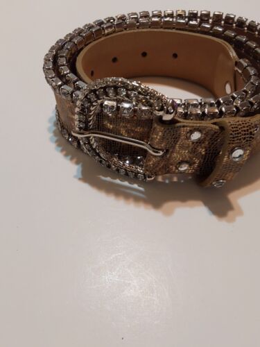 VTG NANNI Made in ITALY GREEN LEATHER Clear RHINESTONE Studded BELT 34/35
