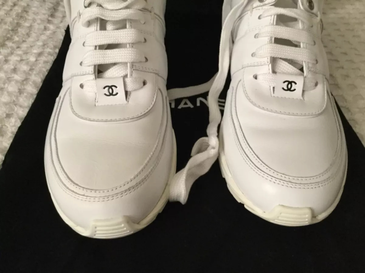 Chanel White & silver Leather And Neoprene CC Low Top Sneakers