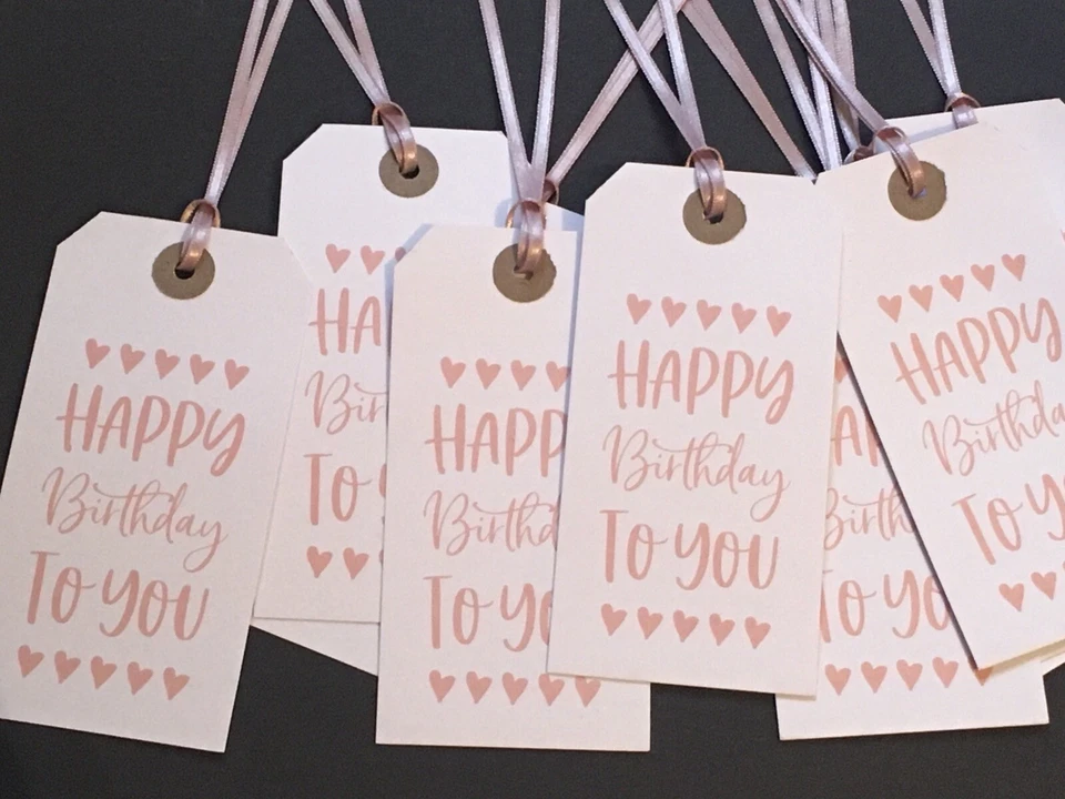 10 Large Rose Gold Colour Hearts Happy Birthday Gift Tags Labels + Ribbon ties