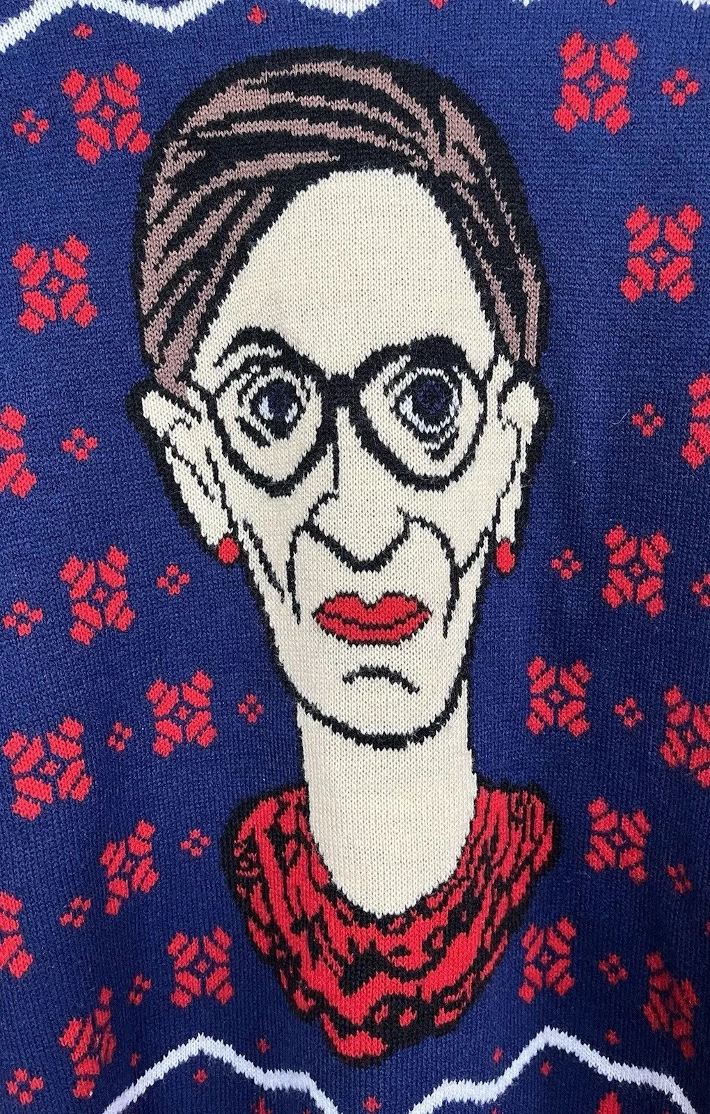 Pull de Noël grand tricot RBG Cour suprême droits des femmes rouge bleu blanc