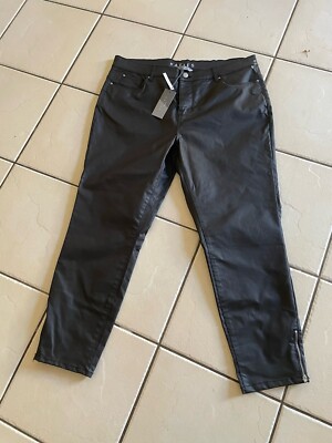Katies Women s Black Denim Skinny Waxed Jeans Ankle Zip Stretch Wet Look Size 18