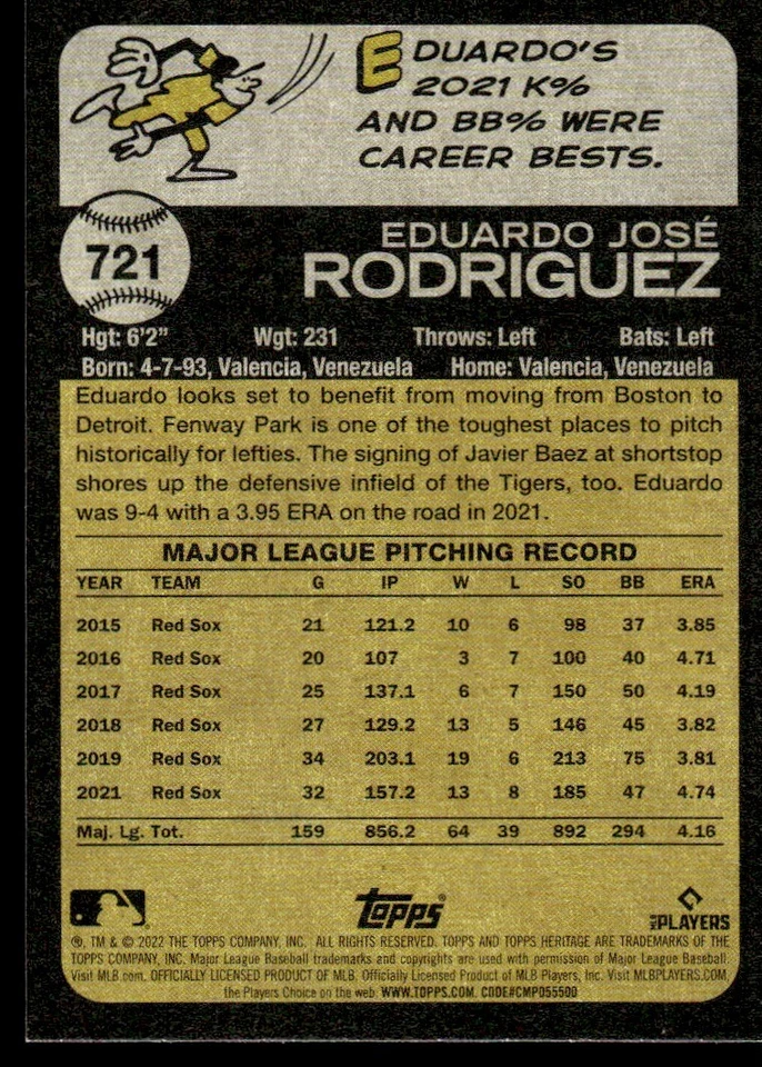 2022 Topps Heritage High Number Eduardo Rodriguez Detroit Tigers #721 R174 - Image 2 of 2