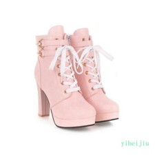 Womens Lady Zipper Platform Ankle Boots High Heels Lace Up Party Shoes Round Toe