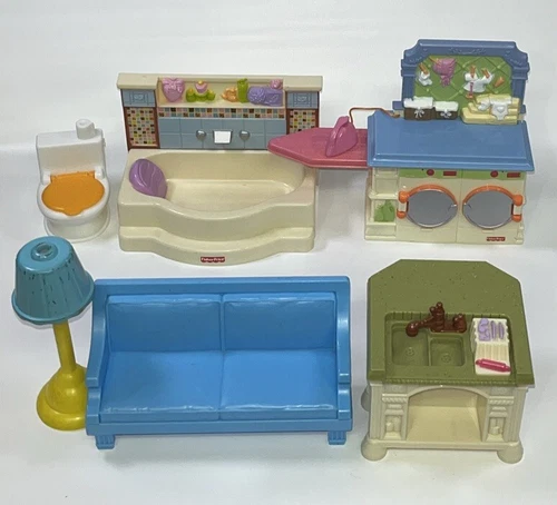Fisher Price Loving Family Dollhouse Bath Kitchen Laundry Sofa Lamps 7 Piece Lot