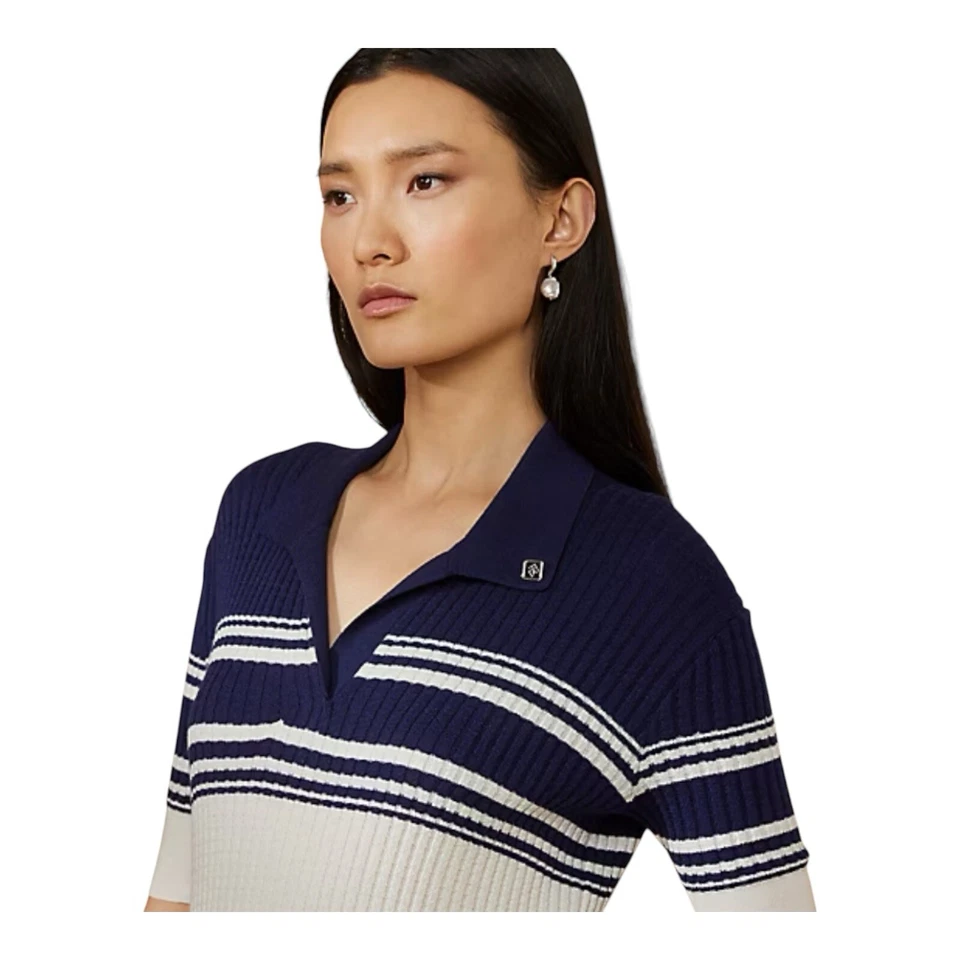 Ralph Lauren 毛衣女式小号紫色标签颜色阻挡美利奴丝绸 Polo 衫 — 第 3/4 张图片