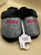Girls Justice Slip on Scuff slippers SZ 4/5 Black/Silver Sparkling Fancy