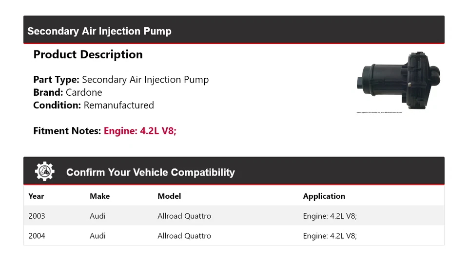 Bomba de inyección de aire secundaria de cartón para Audi Allroad Quattro 2003-2004 4,2 L V8 Foto 2 de 4