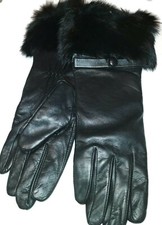 Women's Fur Cuff Big Bow Leather Gloves Black, Medium, 11" Long.