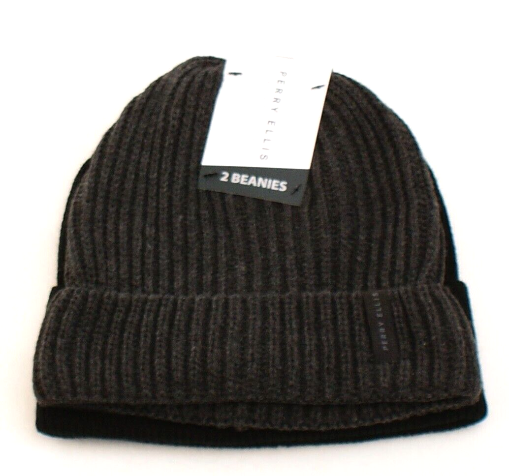 Perry Ellis Black Gray Knit Cuff Beanie in Package Men's One
