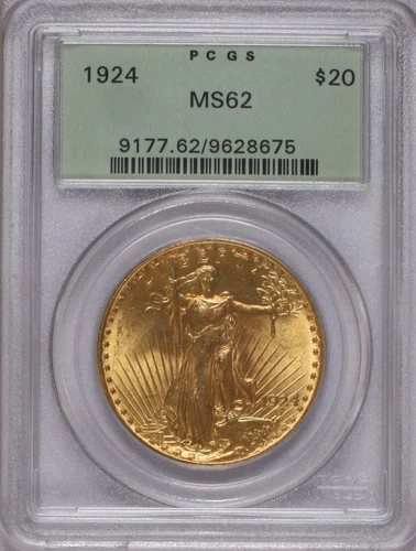 1924 Gold St. Gaudens Double Eagle $20 PCGS MS62. P.Q. Older Holder Green Label.