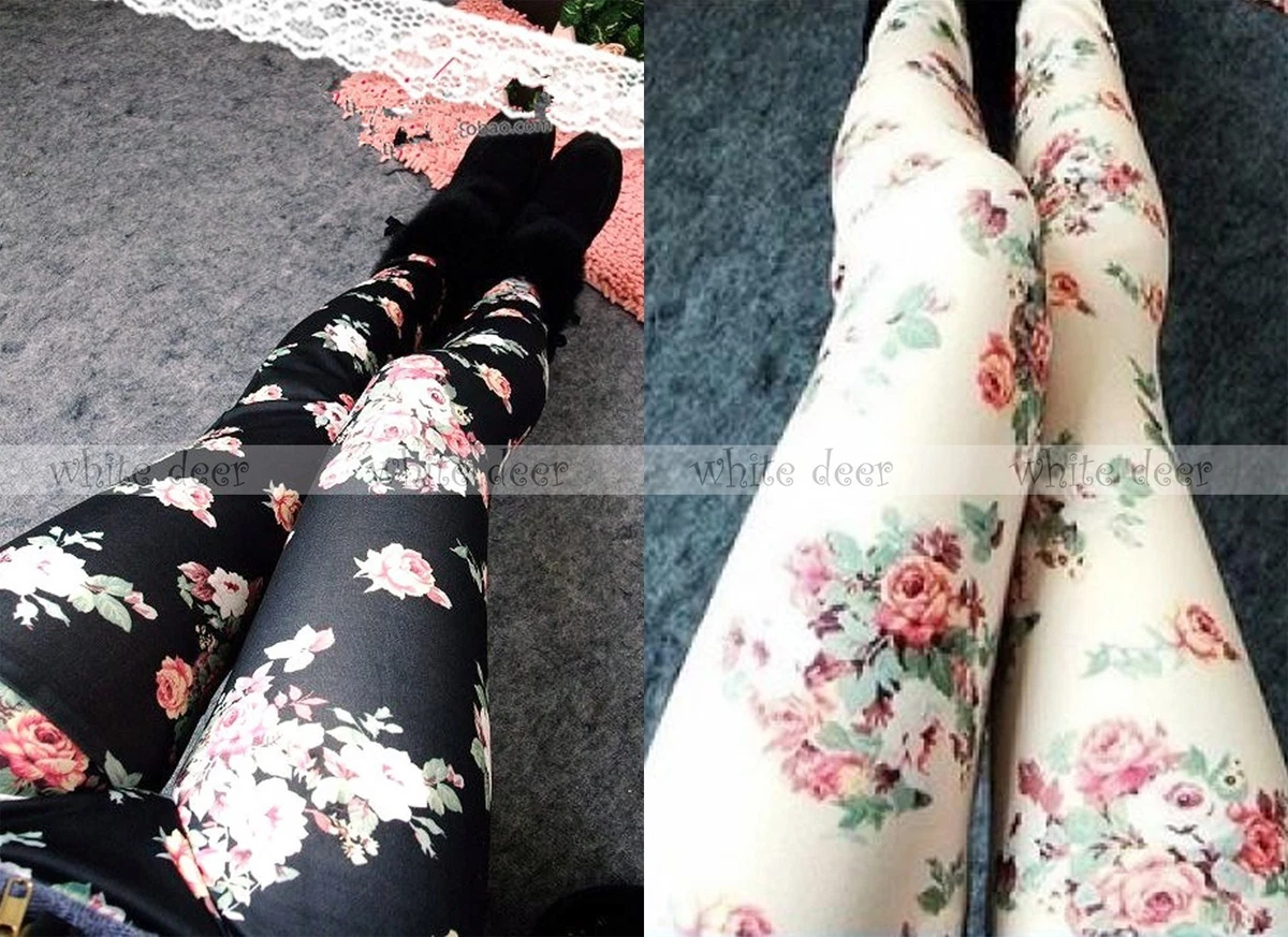 Women's Skinny Black Ivory Floral Print Leggings Stretchy Jeggings Pants