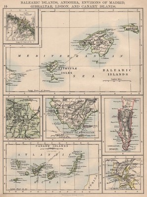 IBERIEN. Balearen Kanaren Gibraltar Andorra Madrid Lissabon. JOHNSTON 1895 Karte