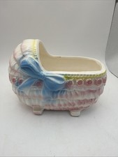 Vtg Rubens Ceramic Baby Bassinet Cradle Bed Planter Japan 50s Blue Bow Nursery
