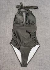 Women's Gray Solid Halter One Piece Swimsuit Lined Stretch Tie Strap C Cup 3