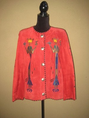 Vintage Char of Santa Fe red leather suede handpainted Native American jacket 14
