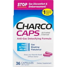 Charco Caps Anti-Gas Formula Activated Charcoal Capsules 260 mg Each 36 Count