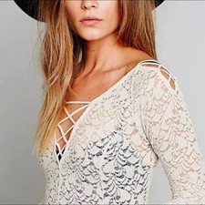 Free People Small Sheer Cream Lace Up Tunic Mini Dress