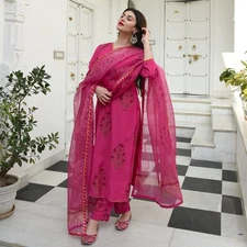 Gosriki Women'S Cotton Blend Straight Kurta With Pant & Dupatta (Garden Pink_...