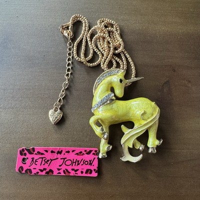 NEW Betsey Johnson Unicorn Necklace Pendant Brooch Rhinestone Yellow Brand New