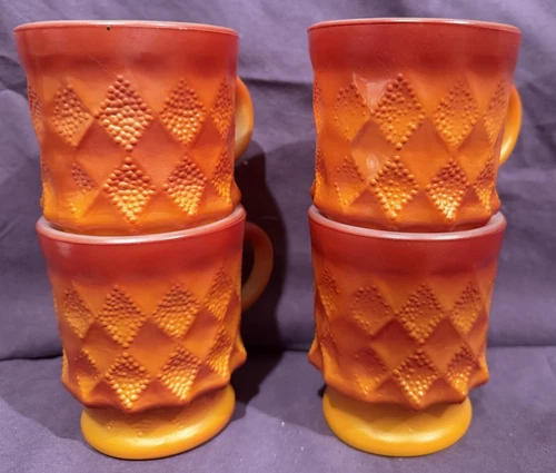 4 VTG Anchor Hocking Kimberly Coffee Tea Cups Mugs Diamond Orange (Tote A8)