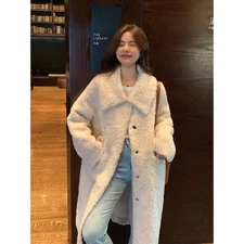 Women's 100% Wool Real Shearling Fur Coat Lapel Collar Warm Long Overcoat Winter