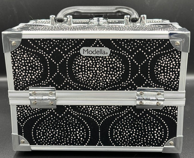 Modella Make Up Hard Case Black White Chrome with Handle Multi Layers
