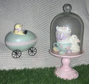 CUTE Easter Decor-Bunnies/Teacup Dome Cloche&Chick Egg Car Cottagecore VTG Style