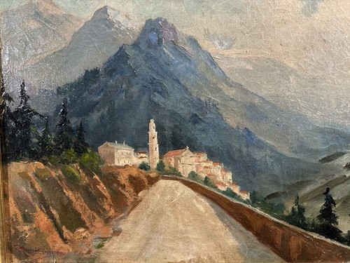 Ancienne huile sur panneau signée : vue présumée du Piémont en Italie - Photo 5/12
