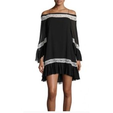 Alice + Olivia Willie Silk and Lace off the shoulder black white mini dress 0