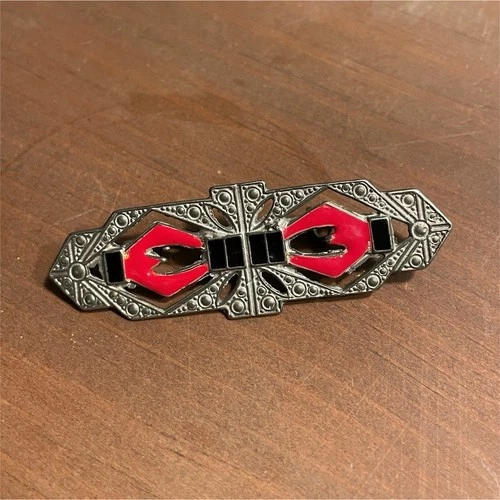 Art Deco Vintage Geometric Enamel Brooch Red Black Silver Fashion Jewelry