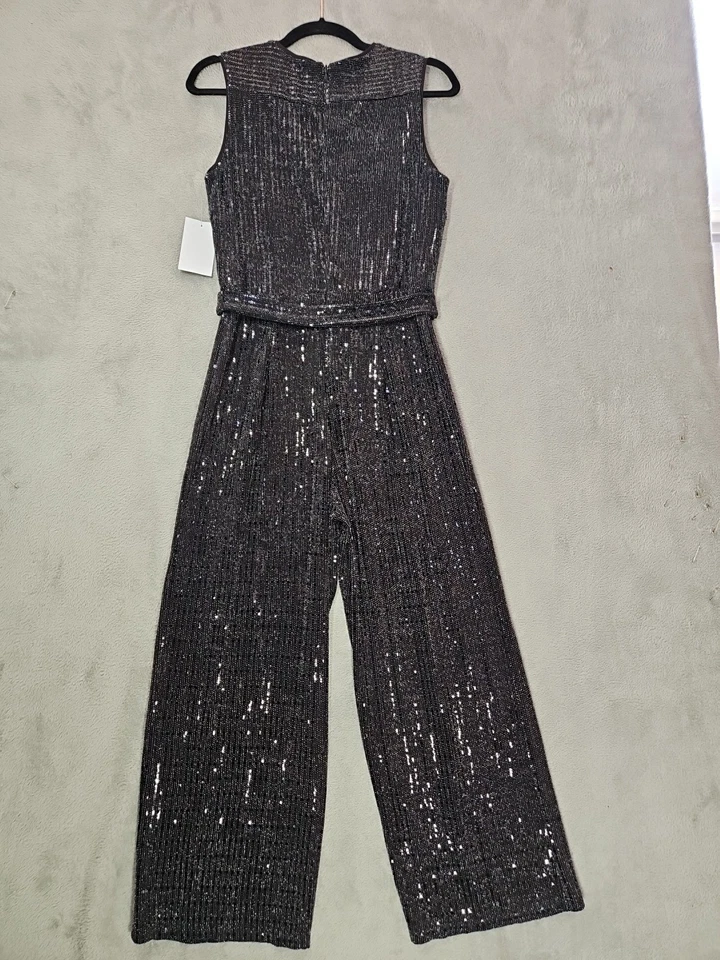 Alexa B Nites Mujeres Negro Lentejuelas Plateado Metálico Slvless Pantalones Mono Talla 8 Nuevo con Etiquetas Foto 3 de 4