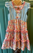 Jona Michelle Dress Girls 5 Blue Floral Stripe Tiered Ruffle Bow Sundress GUC