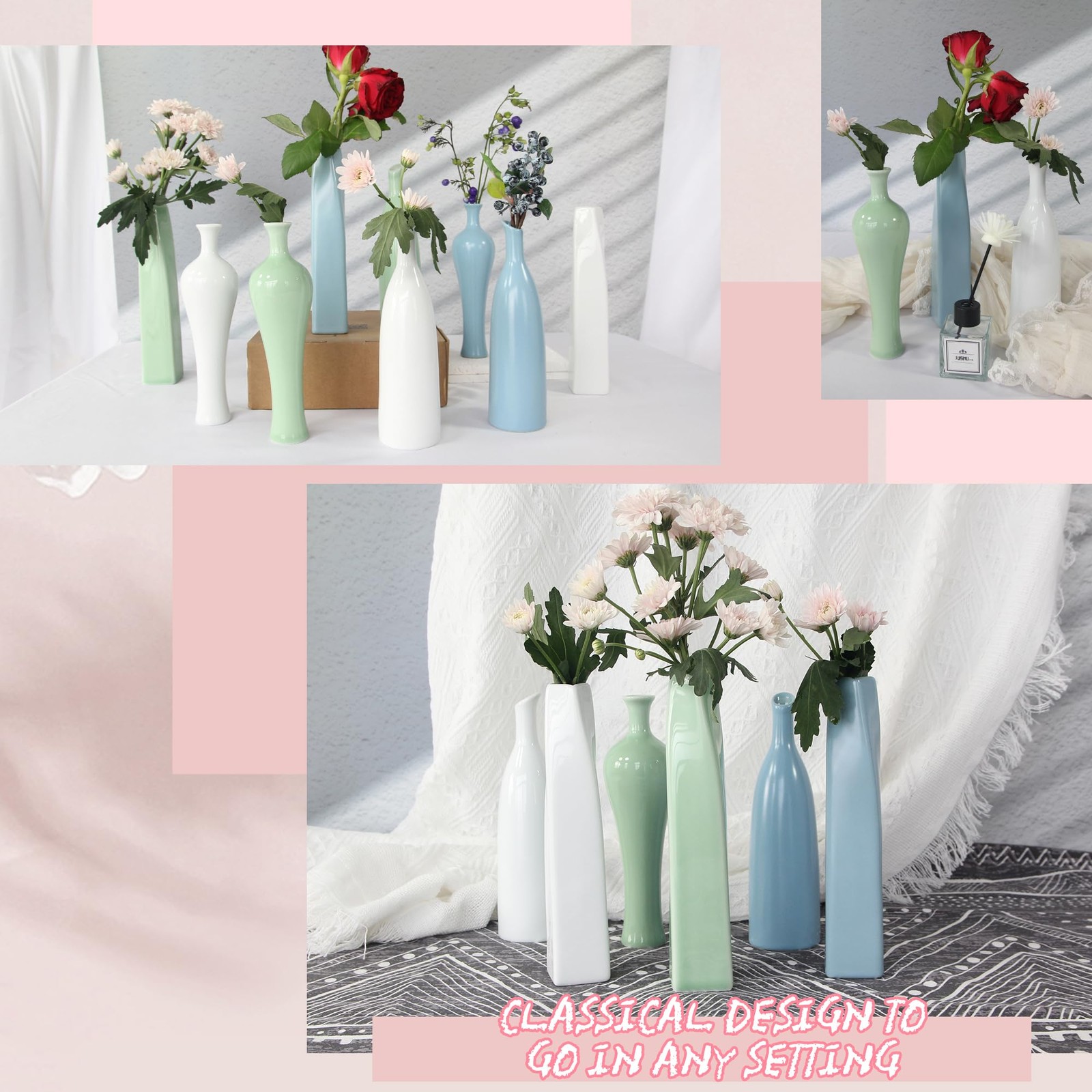 3 Pack Light Sky Blue Small Ceramic Vase Set for Home Decor, Shelf, Kitchen