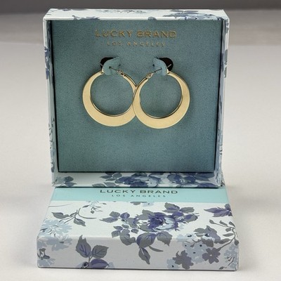 Lucky Brand Matte Gold Tone Hoop Earrings Flat Hoops Modern Classic NEW in Box