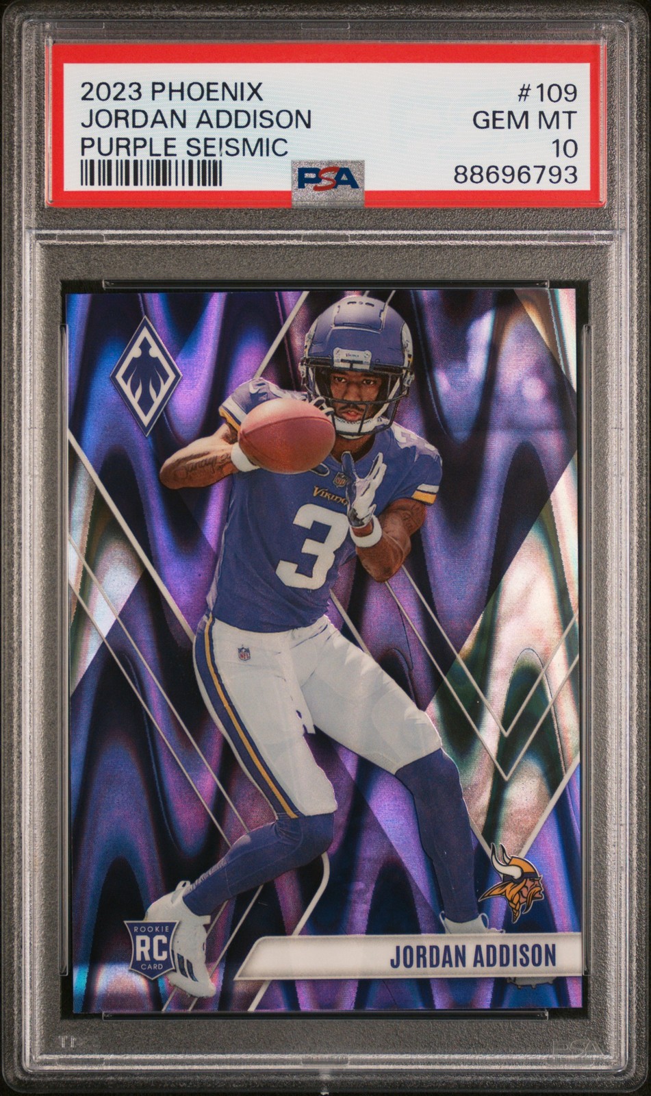 2023 Panini Phoenix #109 Jordan Addison Rookie Purple Seismic Prizm /125 PSA 10