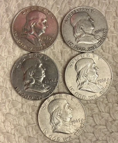 5 •USA Franklin Half Dollars - Consecutive 1959-1963 (Ungrated VF/F) .90 Silver