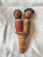 Vintage Mechanical Wine Stopper Cork Couple, Mans Head Lifts Up Carved Wood