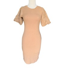 GAP Women Camel Tan Brown Puff Sleeve Mixed Media Mini Sheath Dress XS