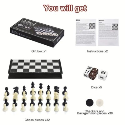 3 in 1 Magnetic Checkers Chess Backgammon Board Game Set with Folding Style B