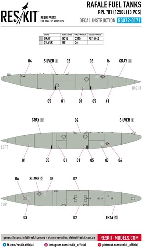 Rafale fuel tanks RPL 701 (1250L) 3pcs 3D printing ResKit RSU72-0171 Scale 1:72 - Picture 6 of 24