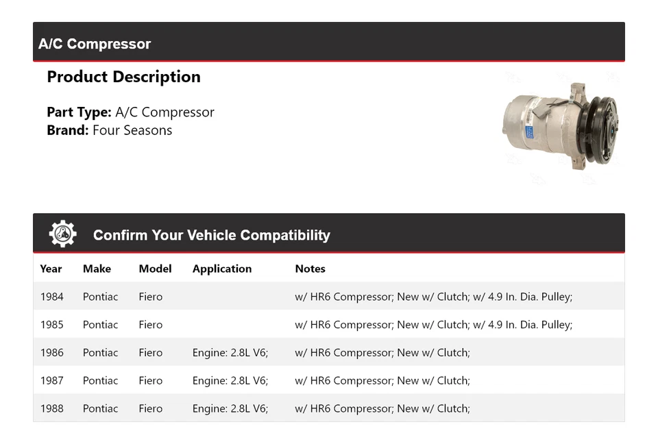 Compresor de aire acondicionado Pontiac Fiero 1984-1988 4 estaciones 1985 1986 1987 Foto 2 de 4