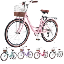 VIRIBUS 7-Speed Beach Cruiser Bike 26" City Bicycle w Basket Comfort for Women