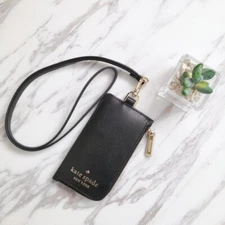 New KATE SPADE Staci Black Leather Card Case Lanyard WLR00139 $99