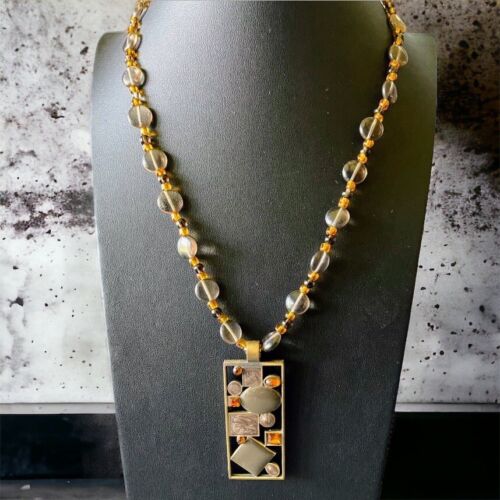 Geometric Glass Beaded Pendant Necklace Amber Gra… - image 1