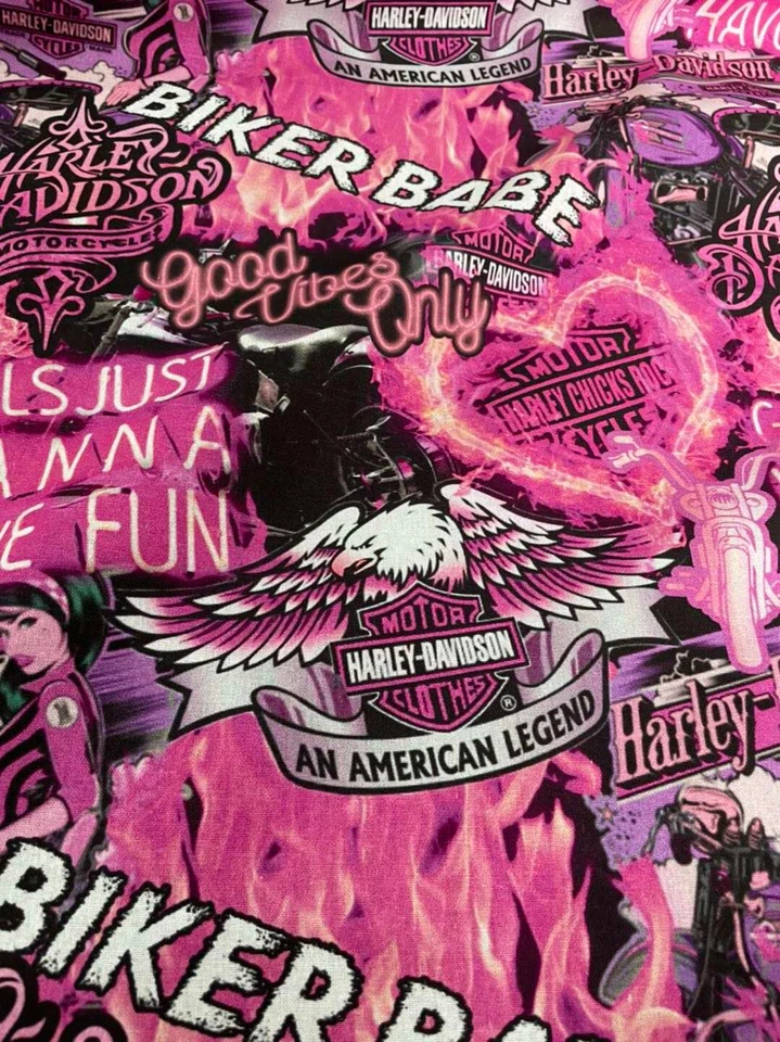 Harley Davidison Negra/Rosa con Logo Rosa Motociclista Bebé por 1/2 Yarda, 57"-58" Ancho Foto 2 de 2